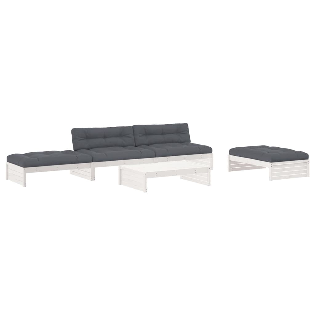 vidaXL 5pcs conjunto lounge jardim c/ almofadões madeira maciça branco