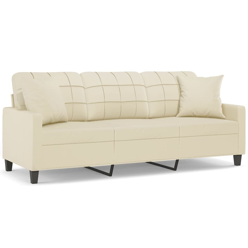 Sofá vidaXL 3 Lug. com Almofadas Decorativas 180 cm Couro Artificial Creme - 1767956109