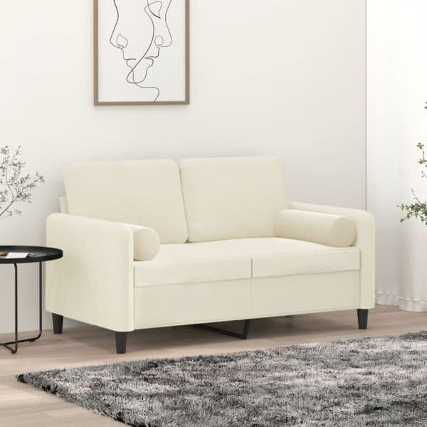 Sofá vidaXL Sofá Inês de 2 Lugares e com 2 Almofadas Decorativas em Veludo Cor Creme 138x77x80 cm Assentos, Apóios de Braços e Almofadas de Encosto Densamente Acolchoados Design Nórdico