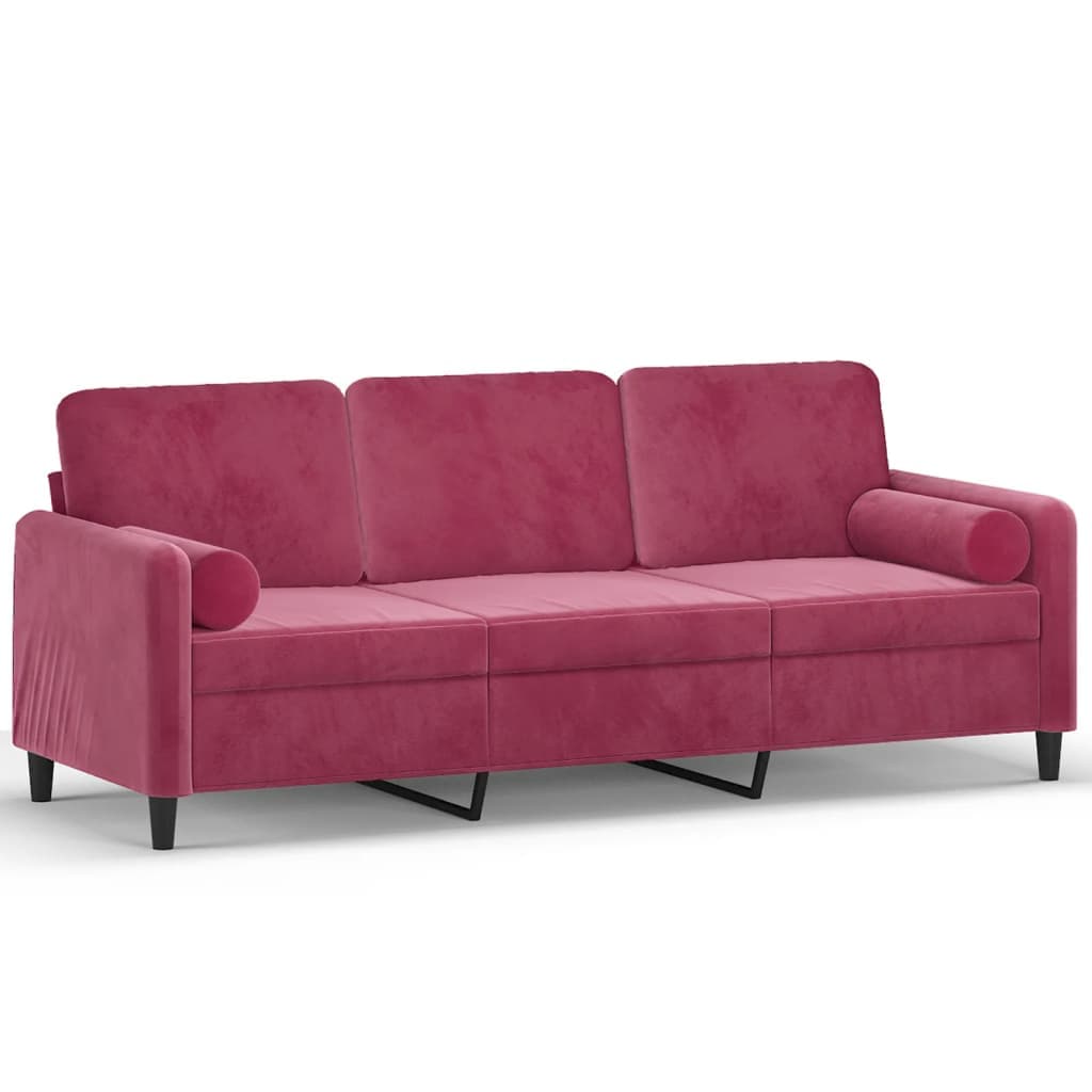 Sofá vidaXL Sofá Moinhos de 3 Lugares e com 2 Almofadas Decorativas em Veludo Cor Vermelho Escuro 198x77 X80 cm- Assentos, Apóios de Braços e Almofadas de Encosto Densamente Acolchoados Design Nórdico