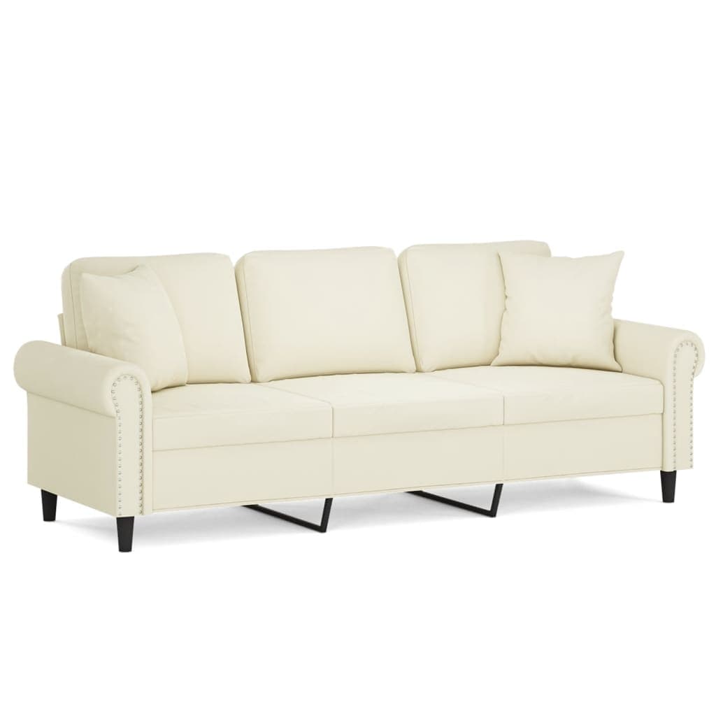 vidaXL Sofá 3 lugares c/ almofadas decorativas 180 cm veludo creme