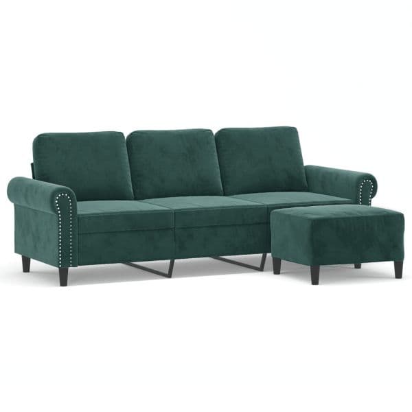 Sofá vidaXL 3 Lugares com Apoio de Pés 180 cm Veludo Verde-escuro - 585638008