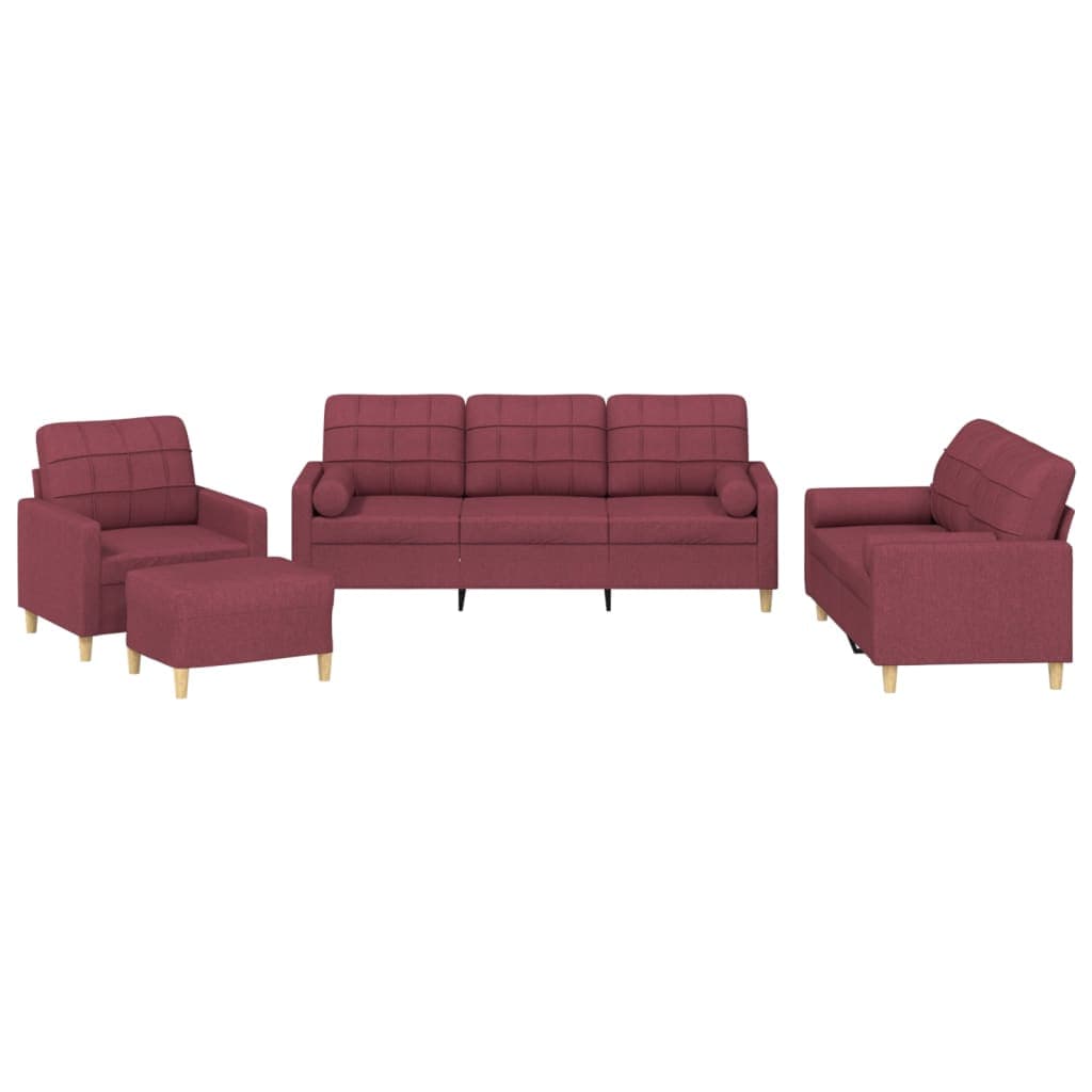 Sofá vidaXL 4 Peças com Almofadas Tecido Vermelho-tinto - 81294193