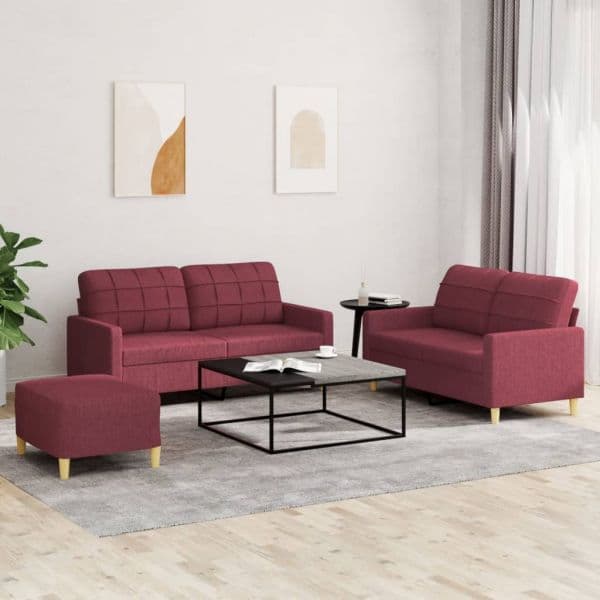 Sofá vidaXL 3 Peças com Almofadões Tecido Vermelho Tinto - 1670743712