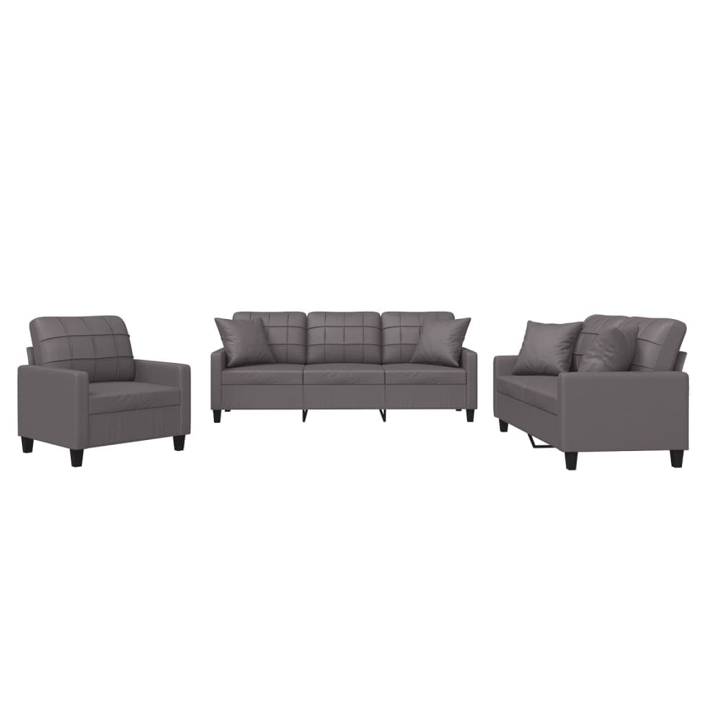 vidaXL 3 pcs conjunto de sofás com almofadas couro artificial cinzento