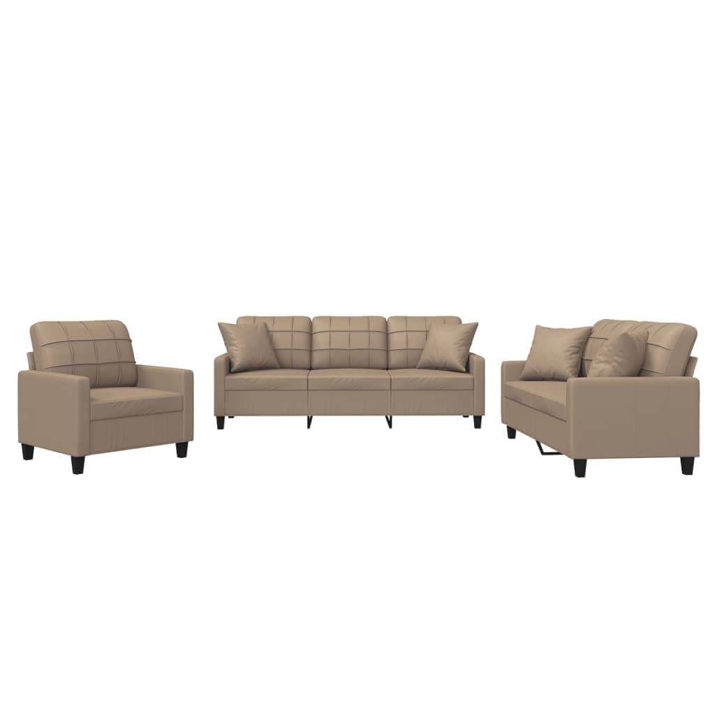 vidaXL 3 pcs conjunto sofás c/ almofadas couro artificial cappuccino