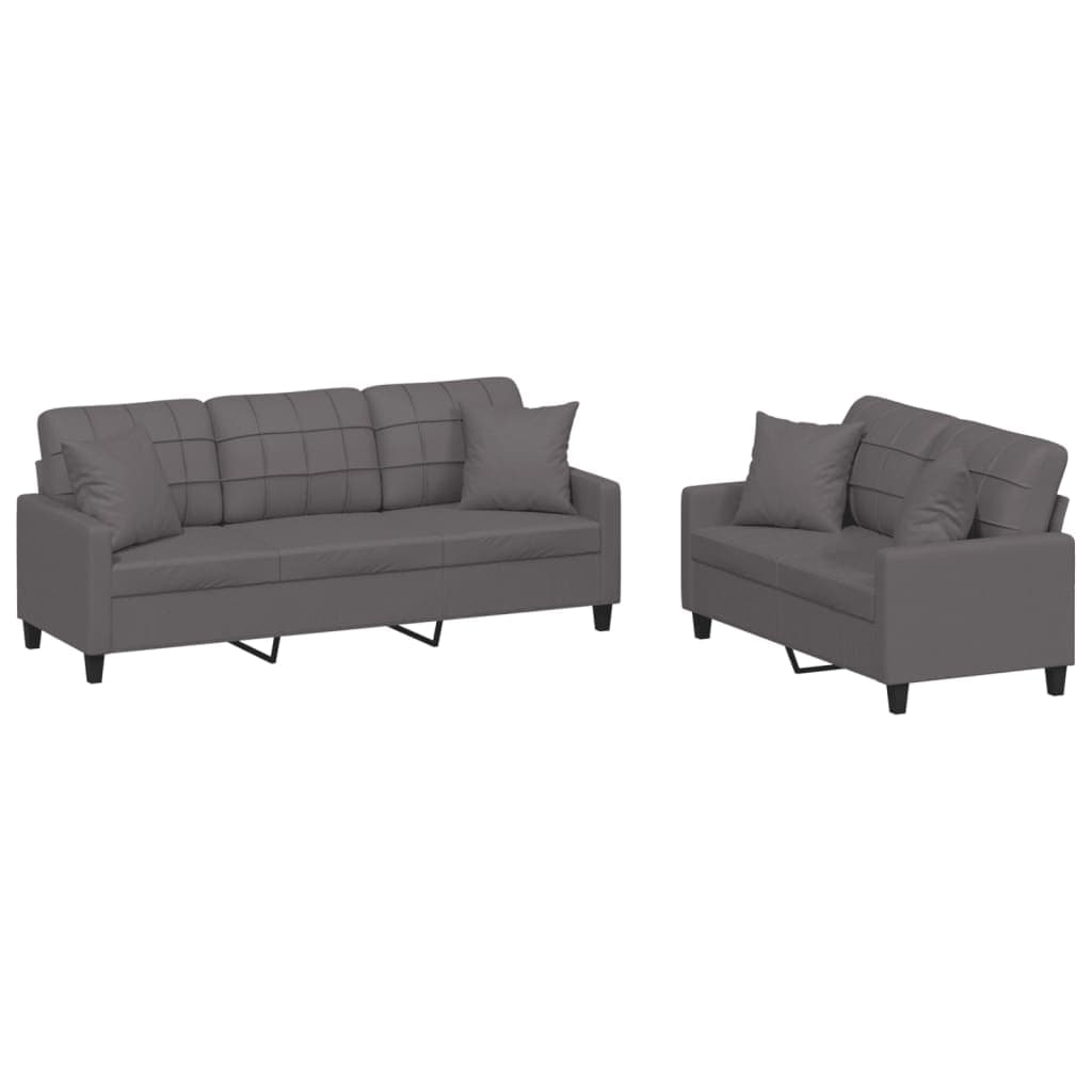vidaXL 2 pcs conjunto de sofás com almofadas couro artificial cinzento