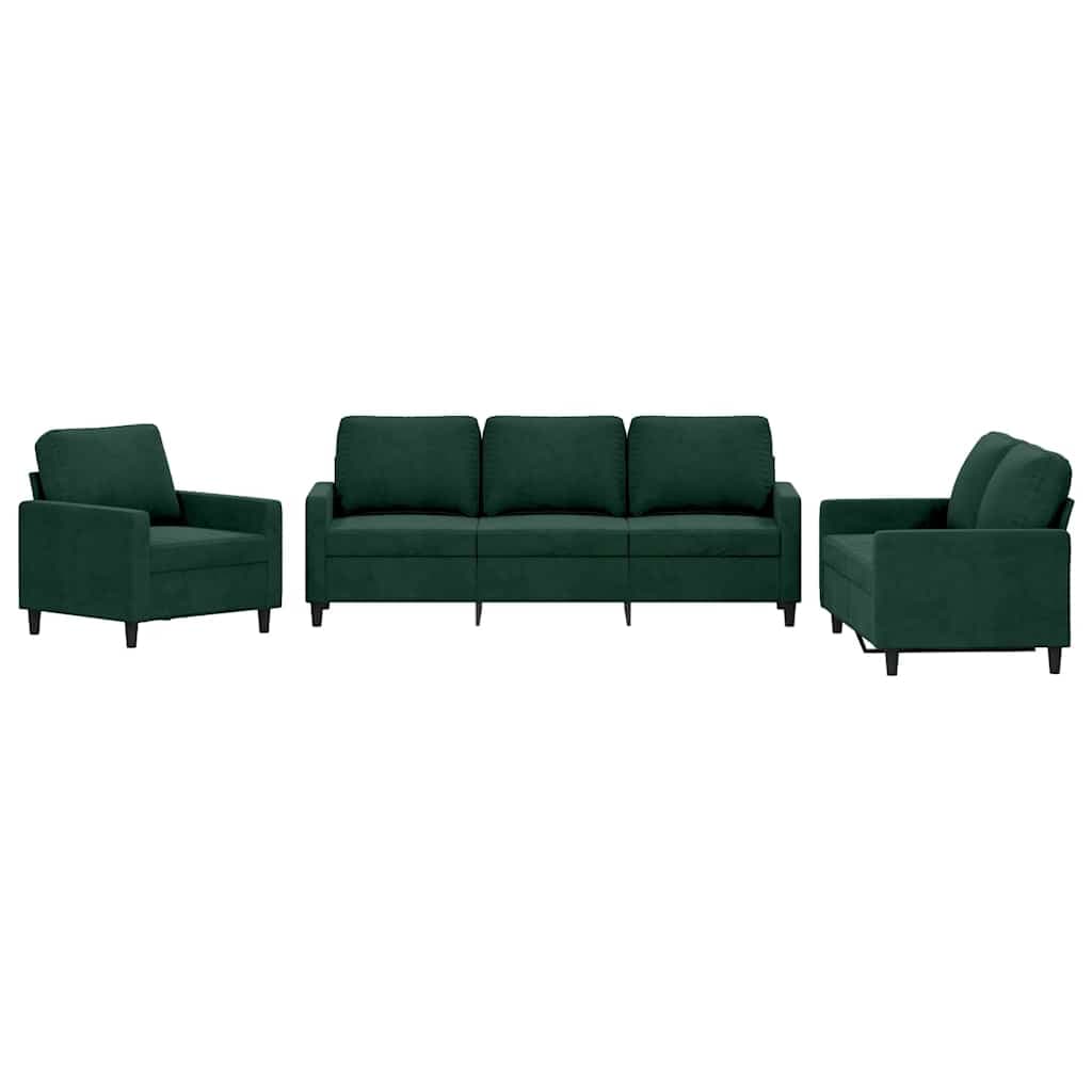 vidaXL 3 pcs conjunto de sofás com almofadões veludo verde-escuro