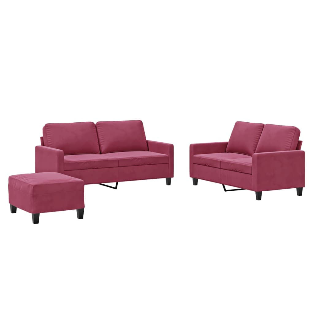 Sofá vidaXL 3 Peças com Almofadões Veludo Vermelho Tinto - 3116606302
