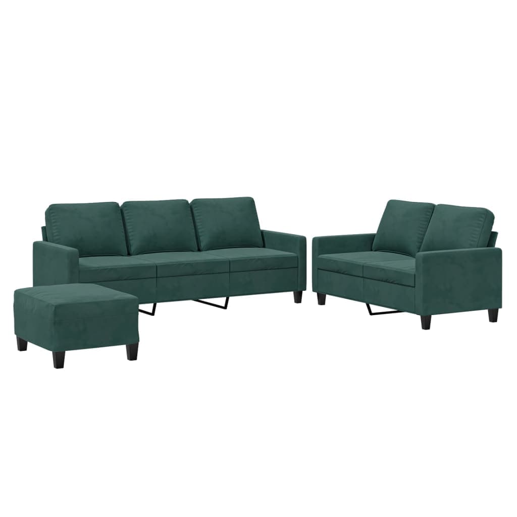 vidaXL 3 pcs conjunto de sofás com almofadões veludo verde-escuro