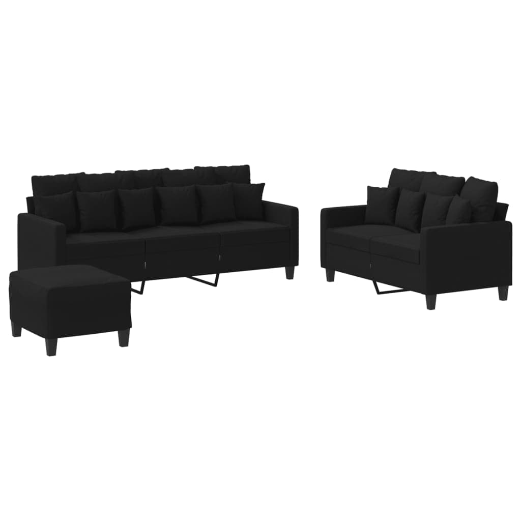 vidaXL 3 pcs conjunto de sofás com almofadões tecido preto