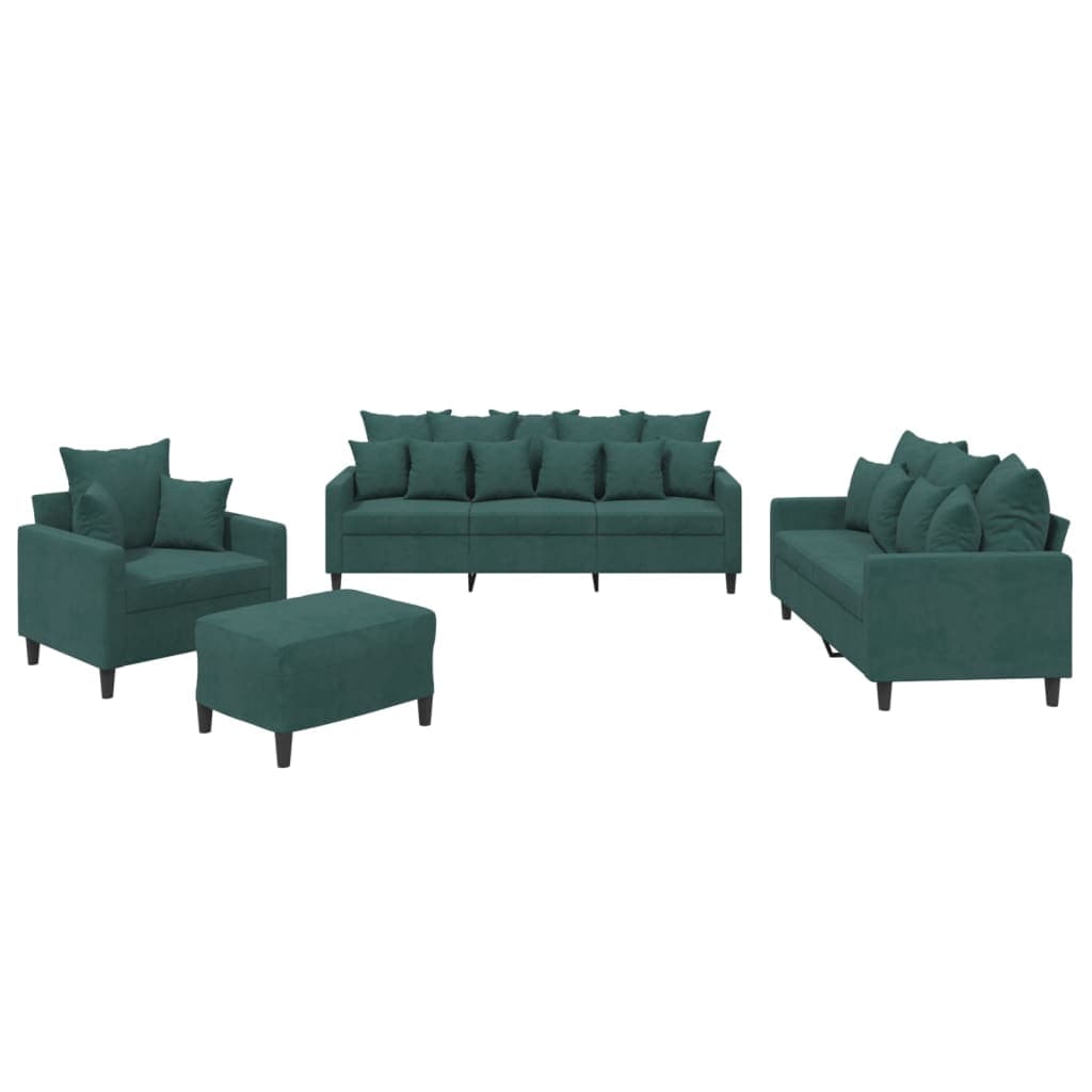 Sofá vidaXL 4 Peças com Almofadões Veludo Verde-escuro - 2639459875