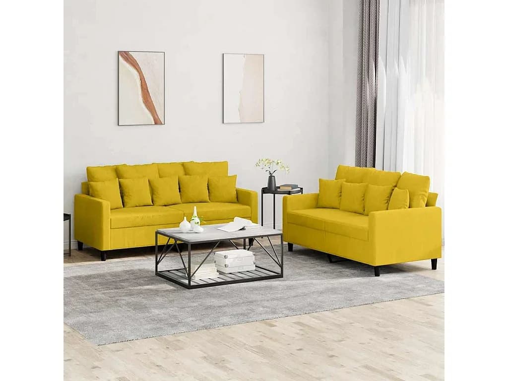 2 pcs conjunto de sofás com almofadões veludo amarelo