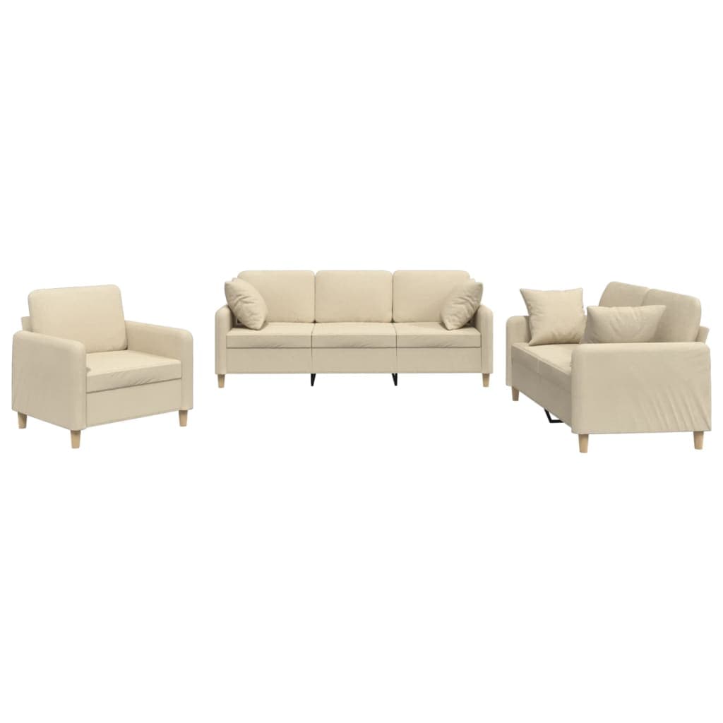 vidaXL 3 pcs conjunto de sofás com almofadas tecido cor creme