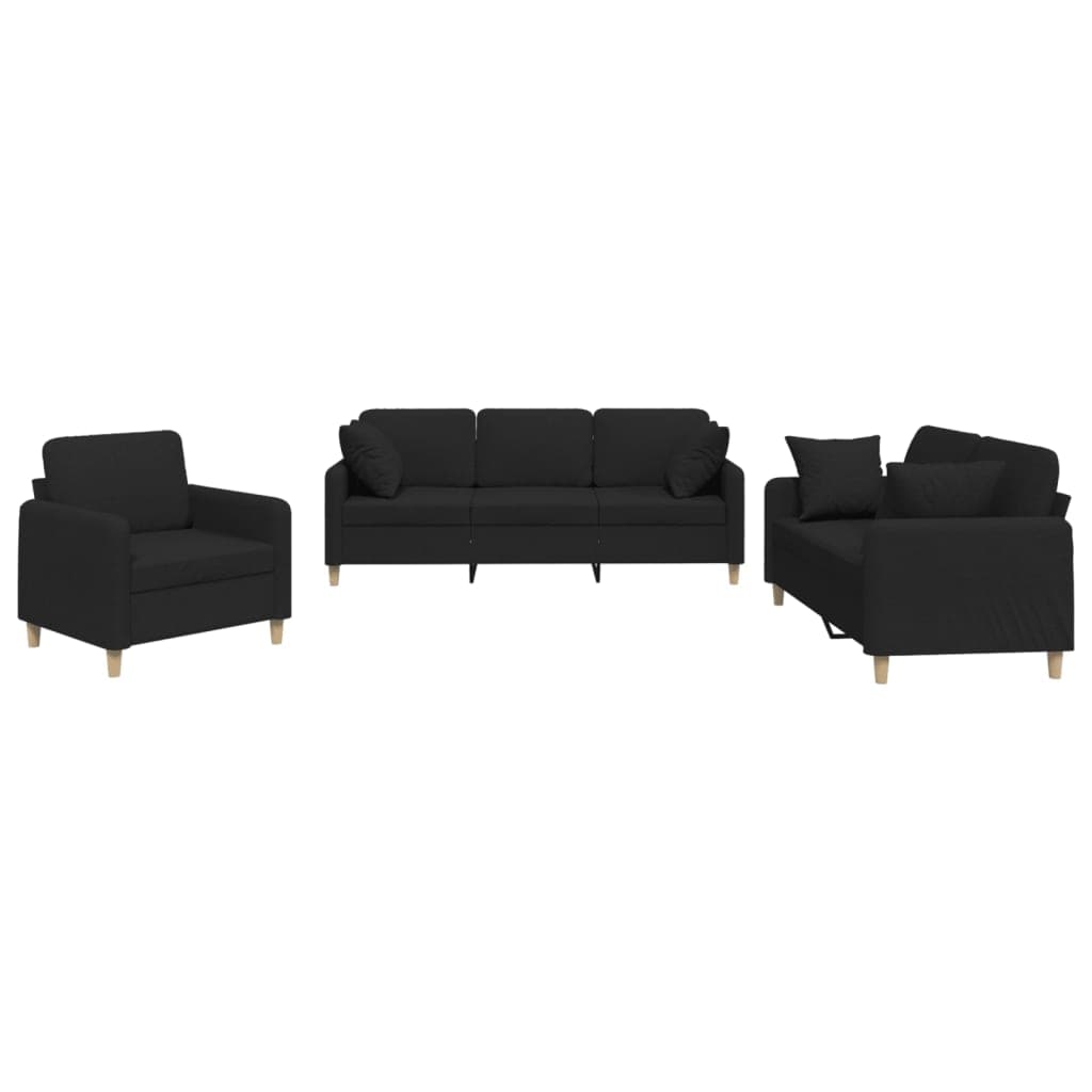 vidaXL 3 pcs conjunto de sofás com almofadas tecido preto