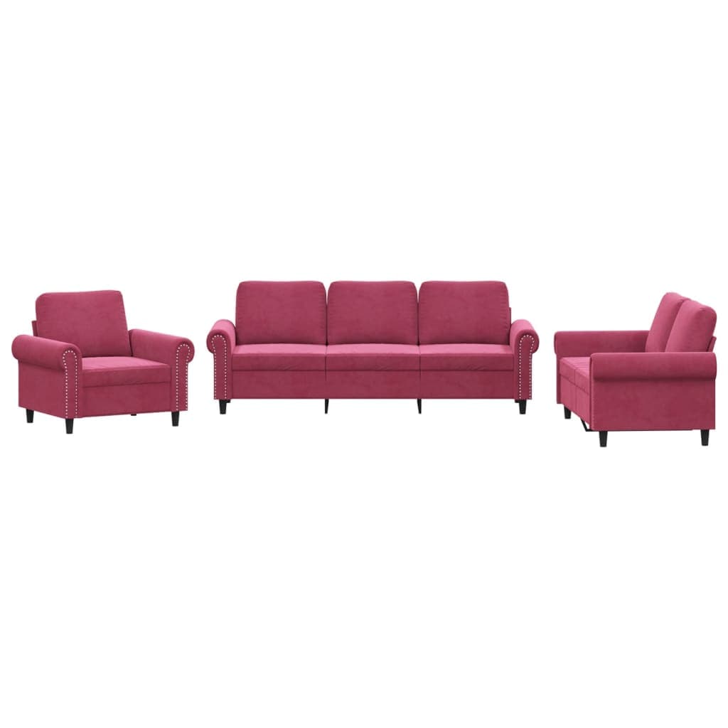 vidaXL 3 pcs conjunto de sofás com almofadões veludo vermelho tinto