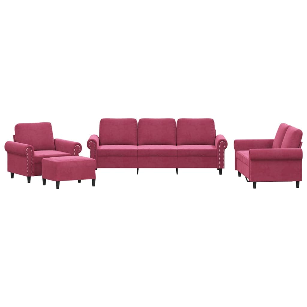 vidaXL 4 pcs conjunto de sofás com almofadões veludo vermelho tinto