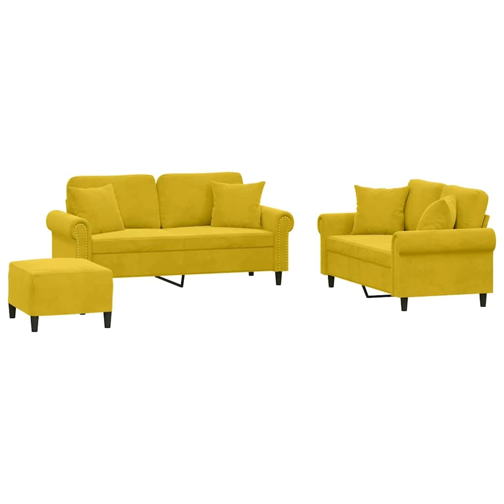 vidaXL 3 pcs conjunto de sofás com almofadas veludo amarelo