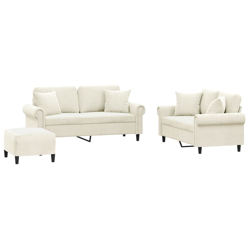 vidaXL 3 pcs conjunto de sofás com almofadas veludo cor creme