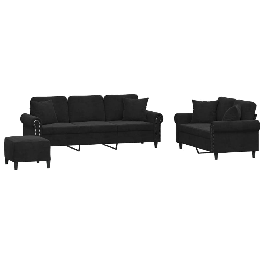 vidaXL 3 pcs conjunto de sofás com almofadas veludo preto
