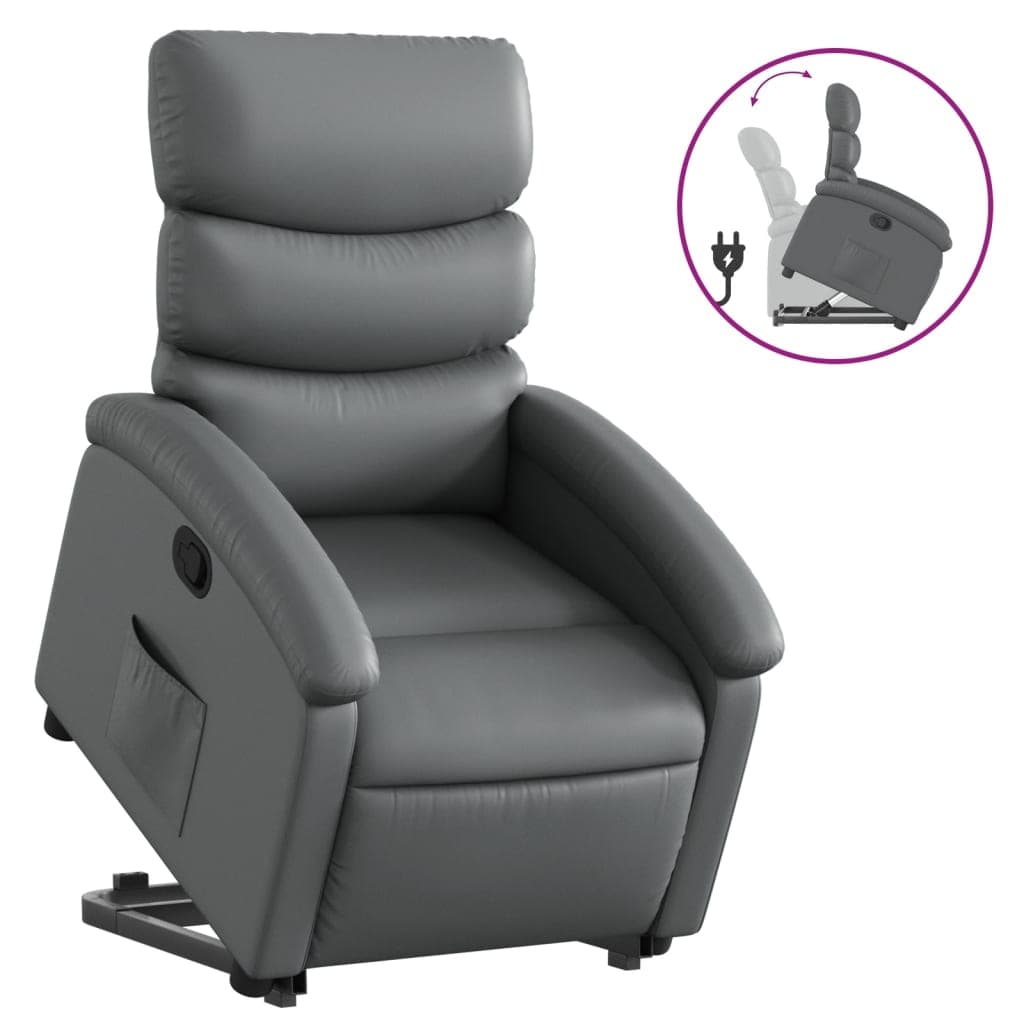 Poltrona Reclinável Elevatória Couro Artificial Cinzento - 1822962808