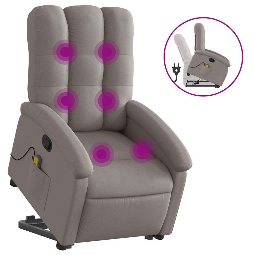 vidaXL Poltrona elevatória de massagens tecido cinzento-acastanhado