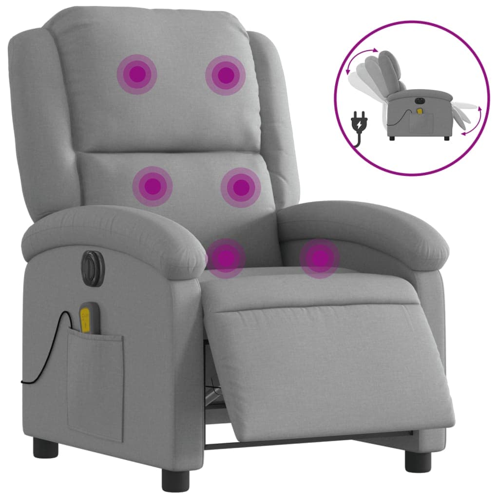 vidaXL Poltrona de massagens reclinável elétrica tecido cinzento-claro