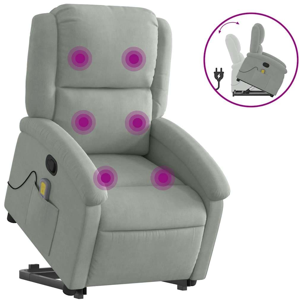 vidaXL Poltrona elevatória de massagens veludo cinza-claro