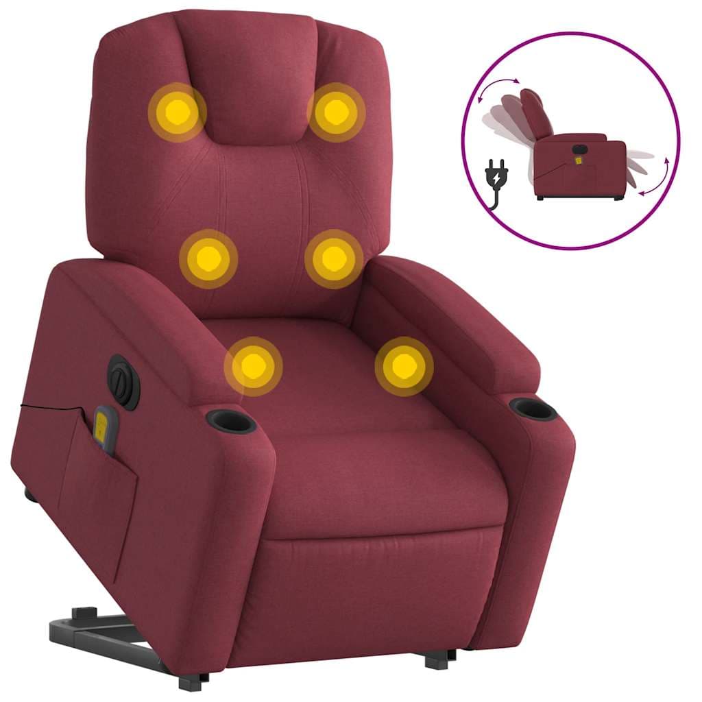 vidaXL Poltrona elevatória de massagens elétrica tecido vermelho tinto