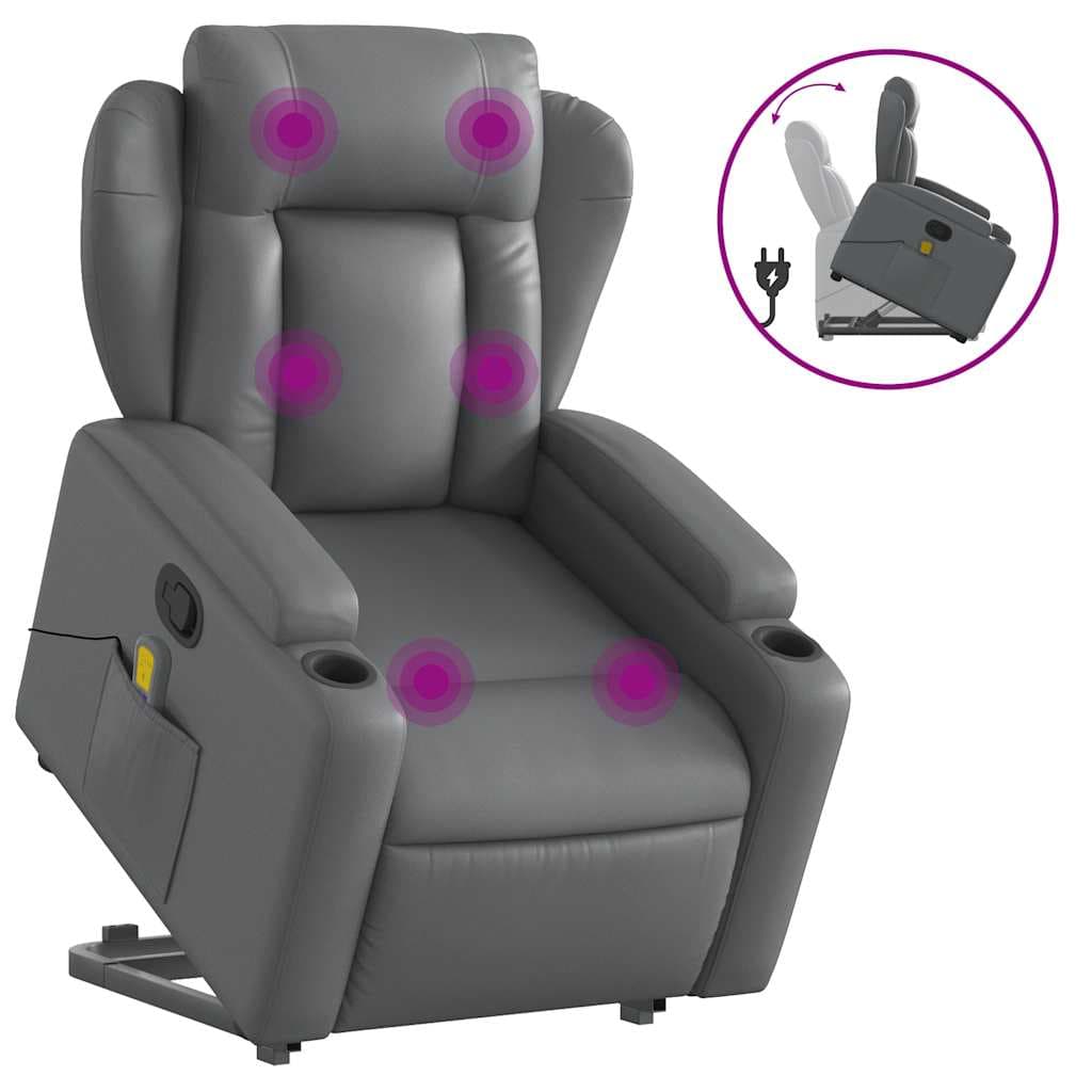 vidaXL Poltrona massagens reclinável elevatória couro artif. cinzento
