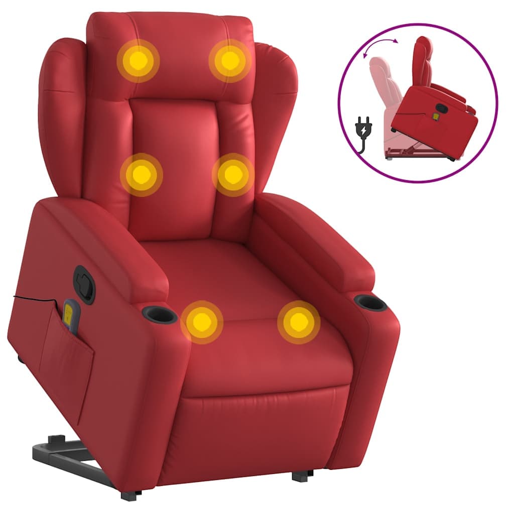 vidaXL Poltrona massagens reclinável elevatória couro artif. vermelho