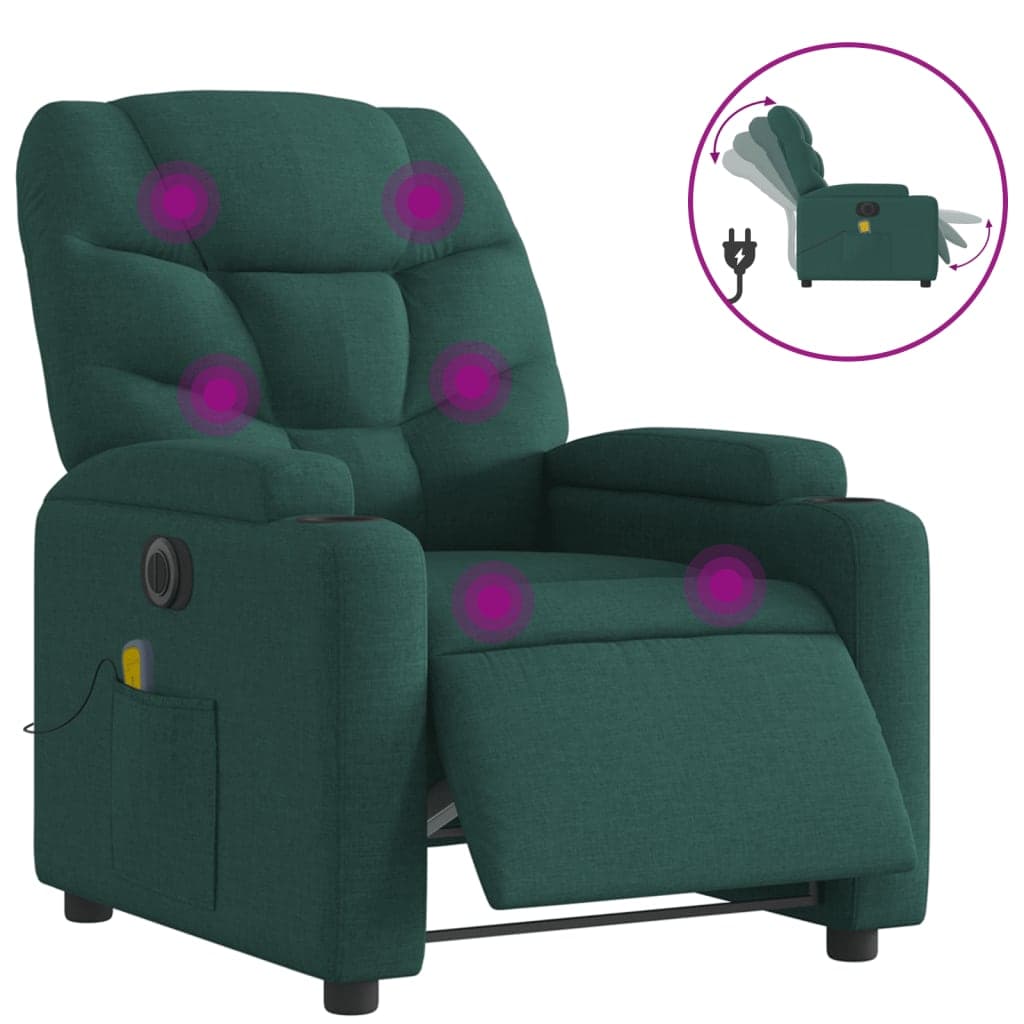 vidaXL Poltrona reclinável de massagens elétrica tecido verde-escuro