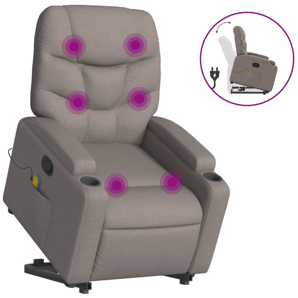 vidaXL Poltrona elevatória de massagens tecido cinzento-acastanhado