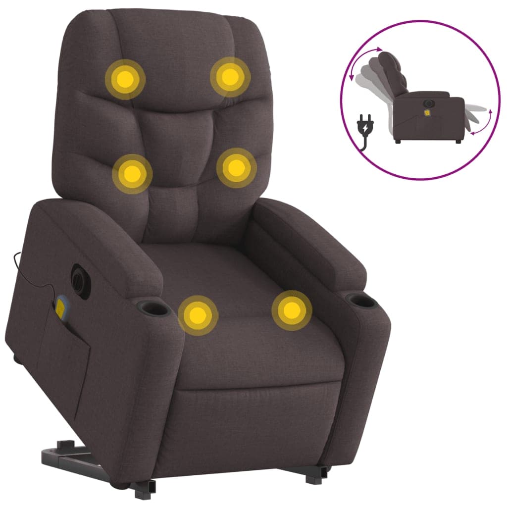 vidaXL Poltrona elétrica elevatória massagens tecido castanho-escuro
