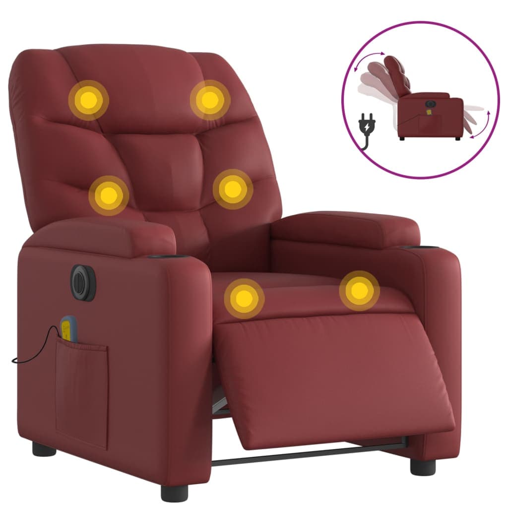 vidaXL Poltrona massagens reclin. elétrica couro artif. vermelho-tinto