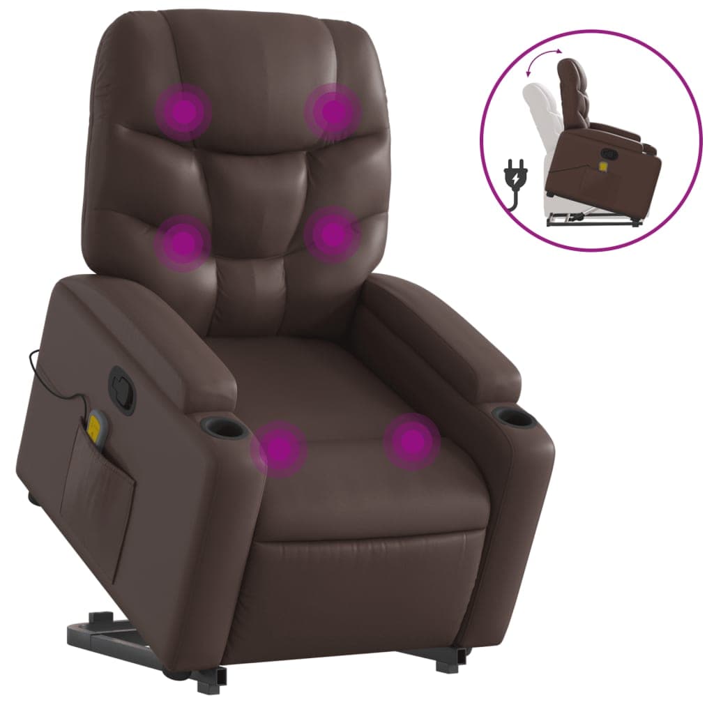 vidaXL Poltrona massagens reclinável elevatória couro artif. castanho