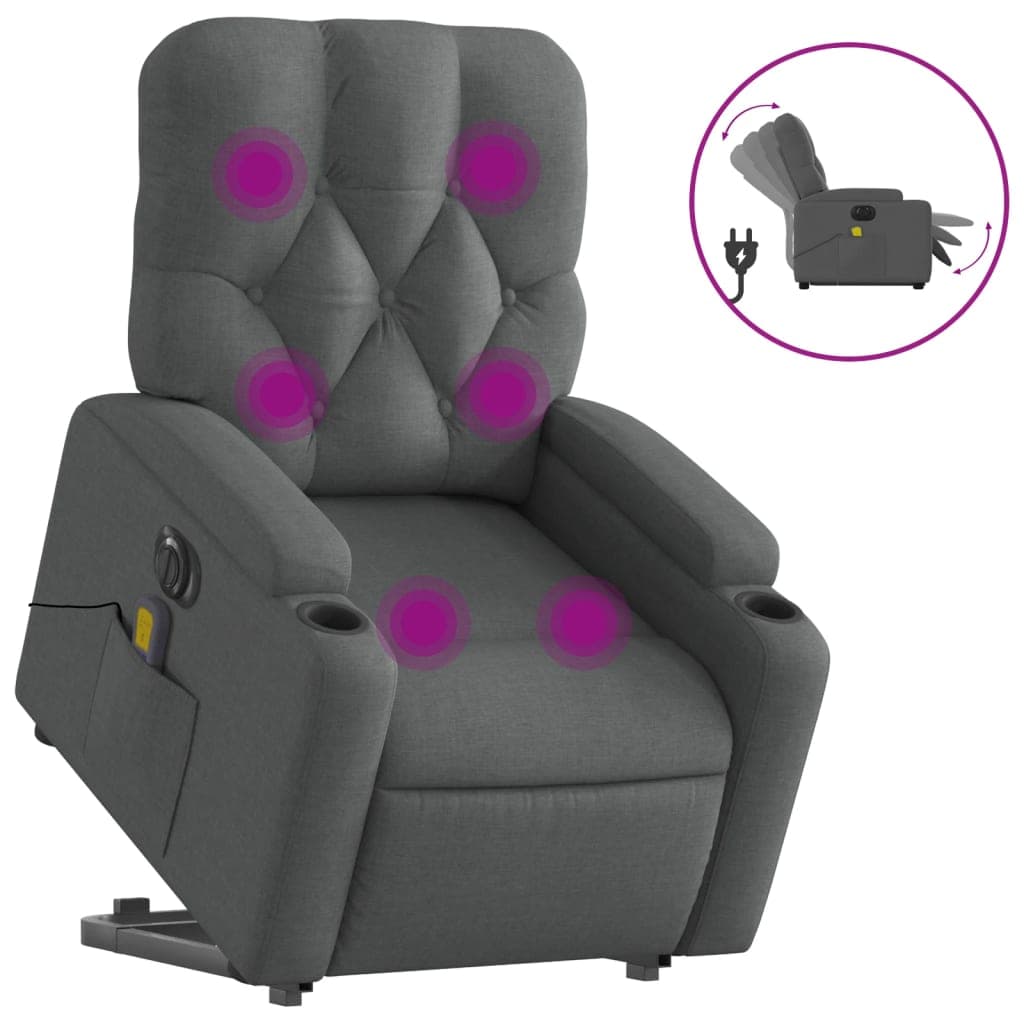 vidaXL Poltrona elétrica elevatória massagens tecido cinzento-escuro