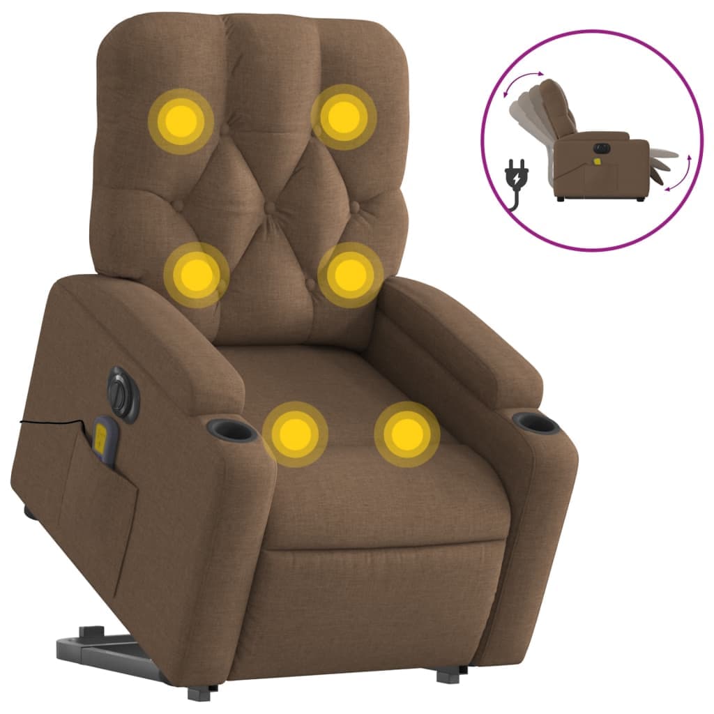 vidaXL Poltrona elétrica elevatória massagens tecido castanho