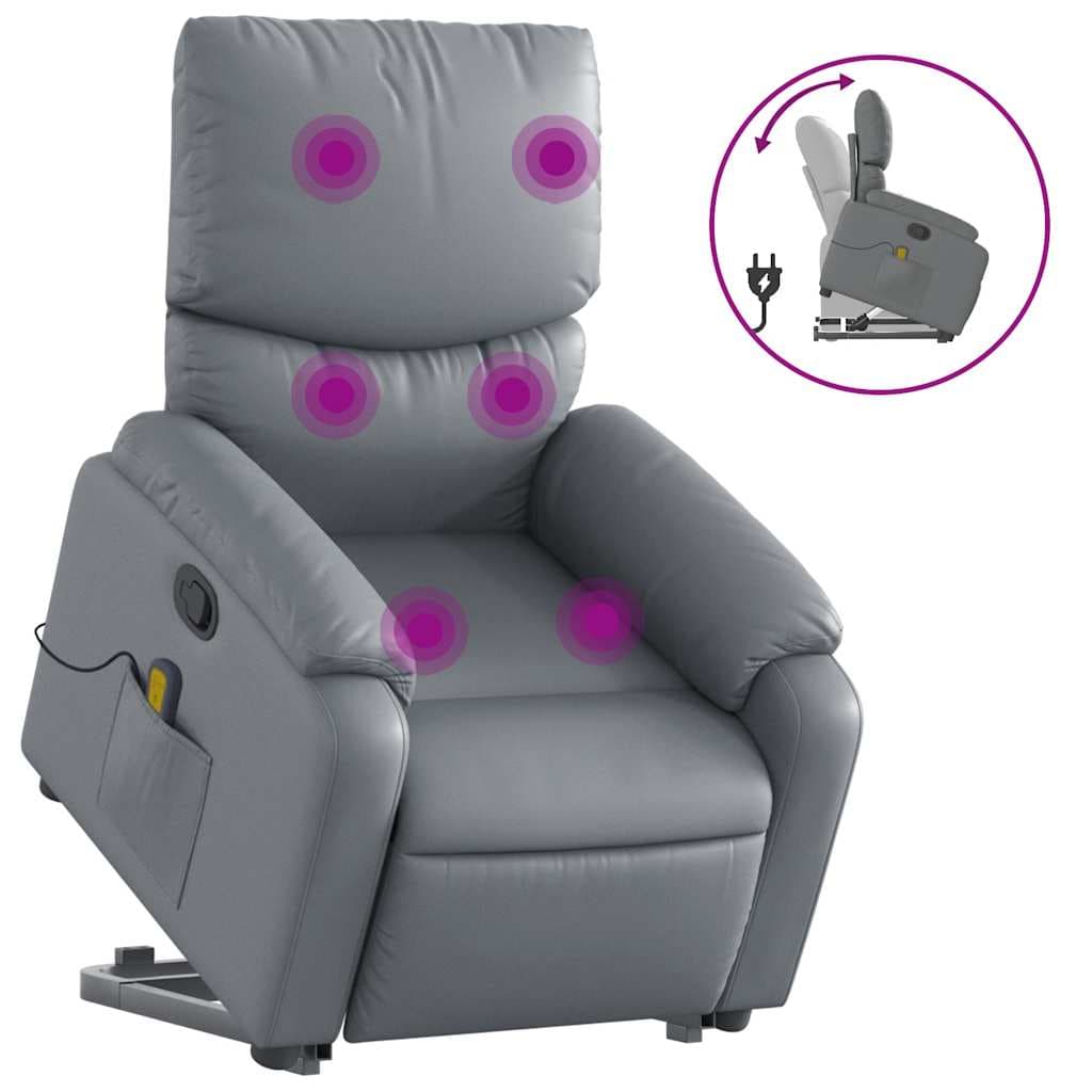 vidaXL Poltrona massagens reclinável elevatória couro artif. cinzento