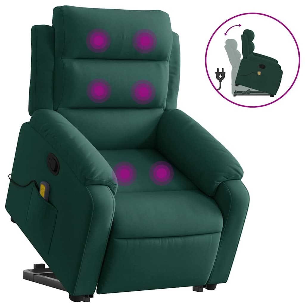 vidaXL Poltrona elevatória de massagens veludo verde-escuro