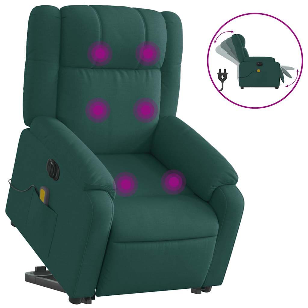 vidaXL Poltrona elétrica elevatória massagens tecido verde-escuro