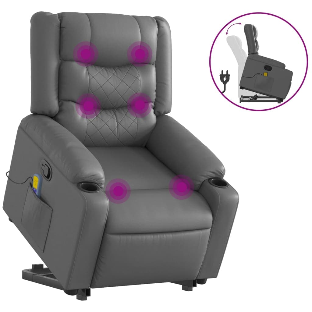 vidaXL Poltrona massagens reclinável elevatória couro artif. cinzento