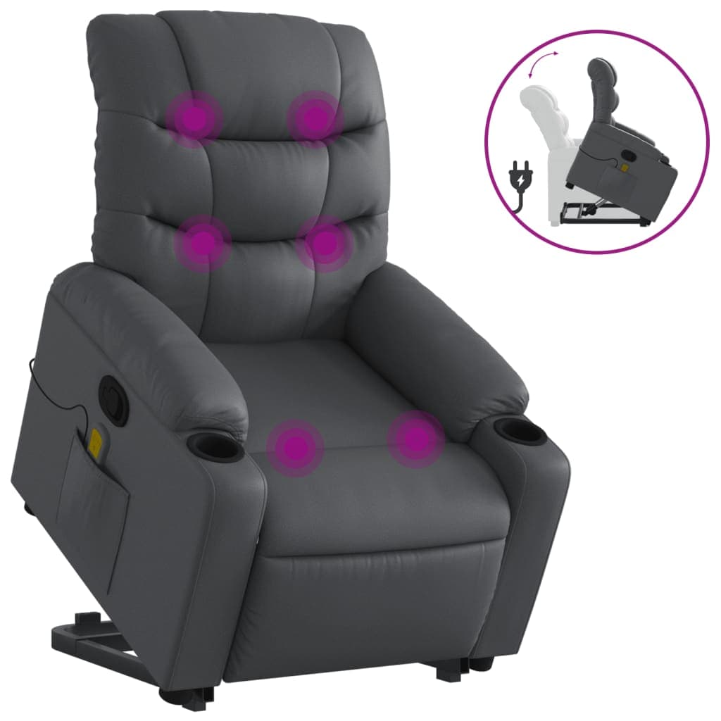 vidaXL Poltrona massagens reclinável elevatória couro artif. cinzento