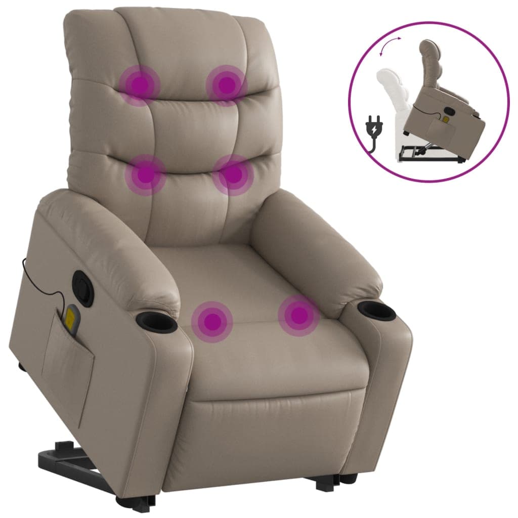 vidaXL Poltrona massagens reclinável elevatória couro art. cappuccino