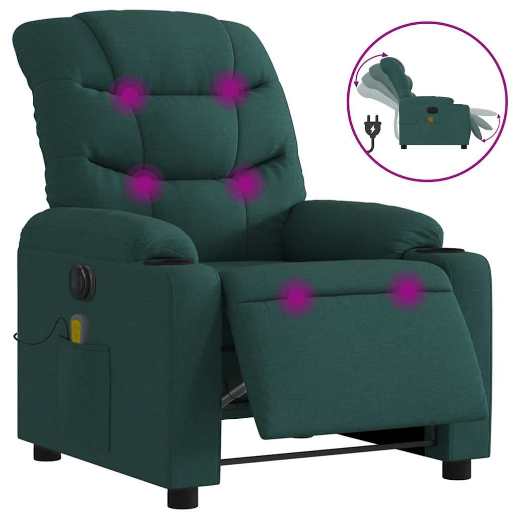 vidaXL Poltrona Reclinável de Massagens Elétrica Tecido Verde-escuro - 3039539415