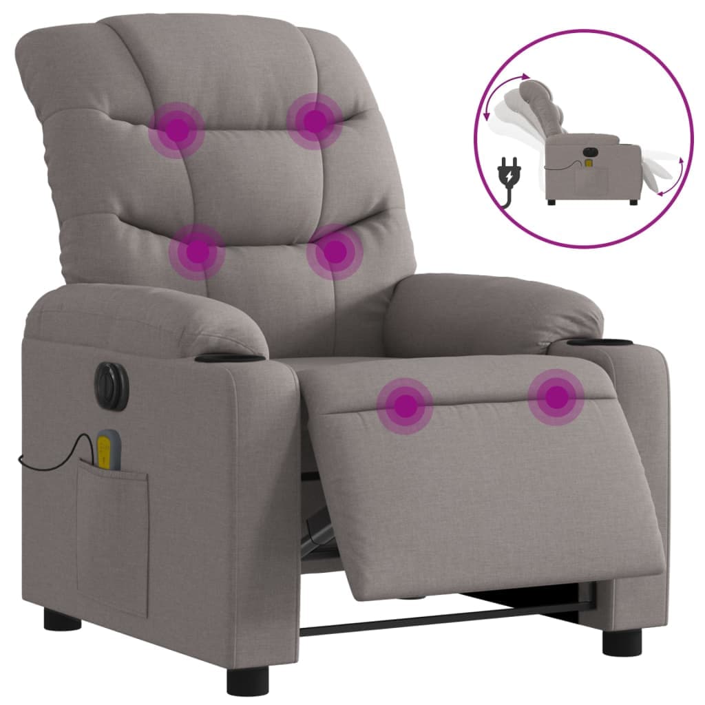vidaXL Poltrona reclinável massagens elétrica tecido cinza-acastanhado