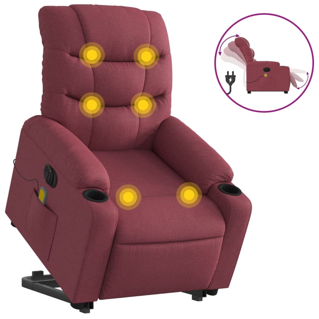 vidaXL Poltrona elevatória de massagens elétrica tecido vermelho tinto