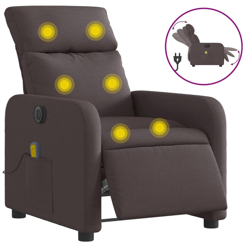 vidaXL Poltrona reclinável massagens elétrica tecido castanho-escuro