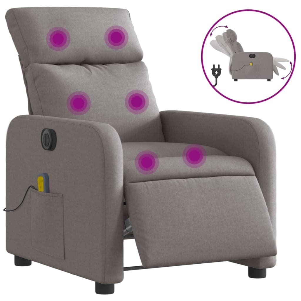 vidaXL Poltrona reclinável massagens elétrica tecido cinza-acastanhado