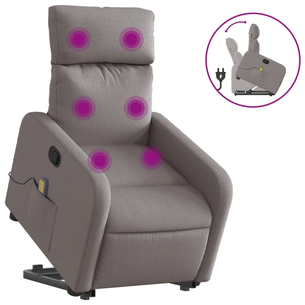 vidaXL Poltrona elevatória de massagens tecido cinzento-acastanhado